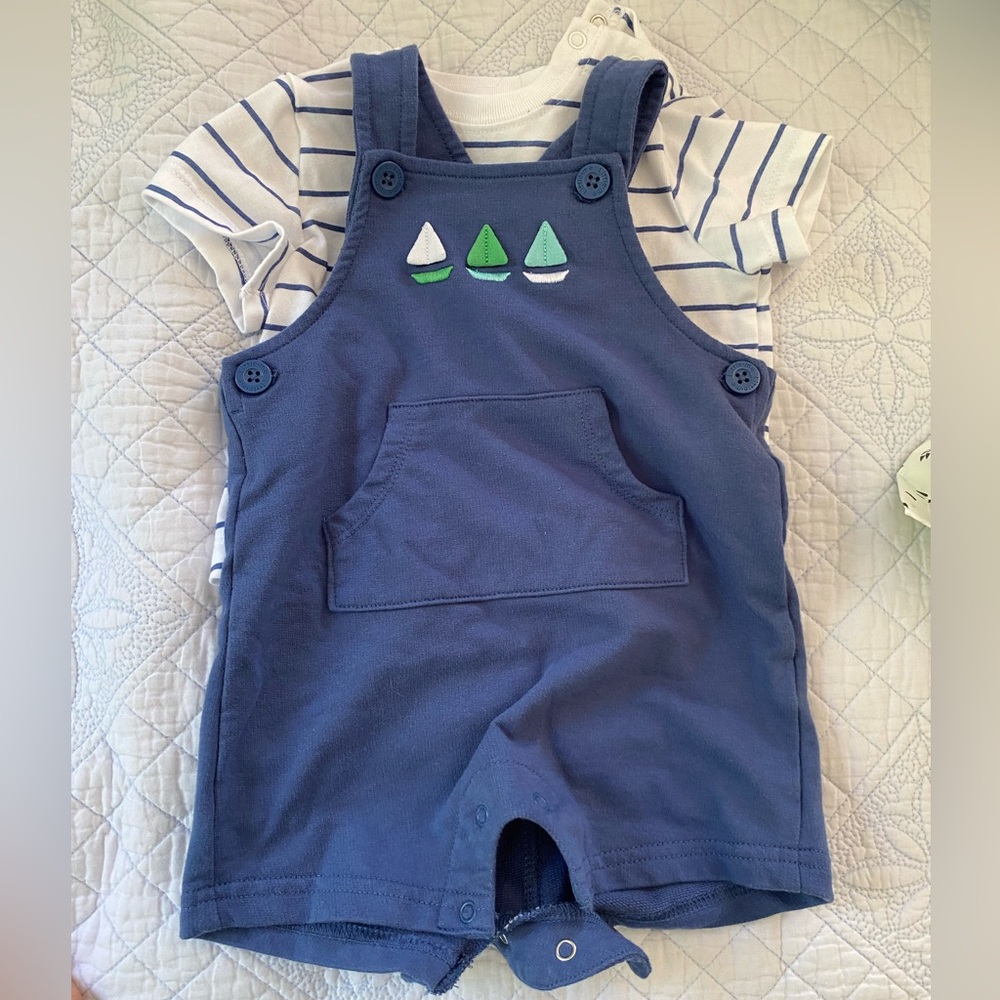 Little me cotton sailboat romper with matching striped shirt